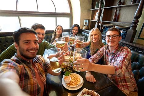 Happy Friends Taking Selfie At Bar Or Pub Stock Image Image Of