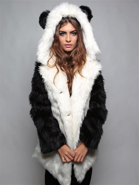 Faux Fur Coat Womens Hooded With Ears In Black And White Panda Spirithoods