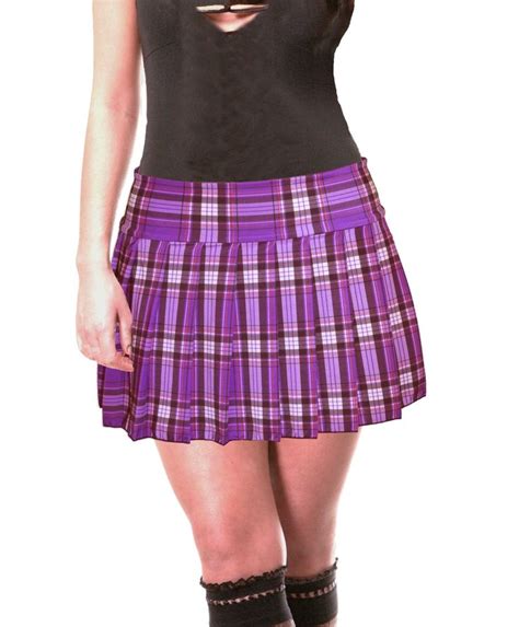 Purple Stretch Lycra Schoolgirl Tartan Plaid Pleated Mini Skirt Stretch