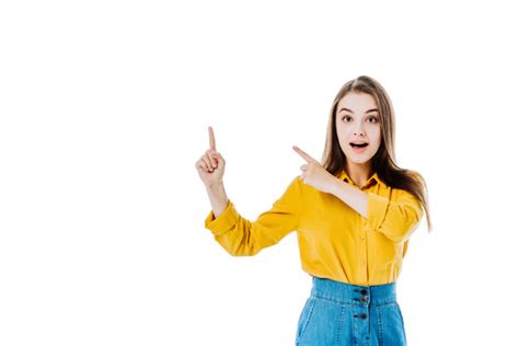 Surprised Attractive Girl Pointing With Fingers Isolated Free Stock