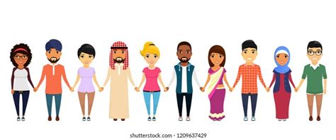 Group People Different Nationalities Holding Hands Stock Vector
