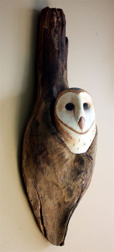 Wood Sculpture Barn Owl Bird Hand Carved Carving Wall Hanging