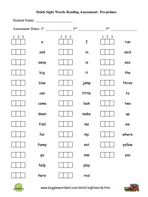 Dolch Sight Words Assessment Sheets Pre Primer Sight Words Dolch