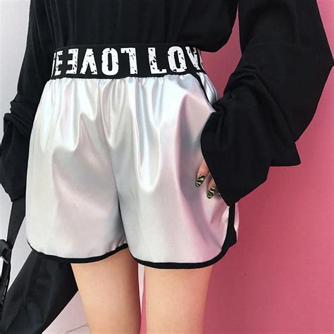 High Waist Shorts Women 2018 Japan Harajuku Street Style Elasitc Waist Silver Pu Leather