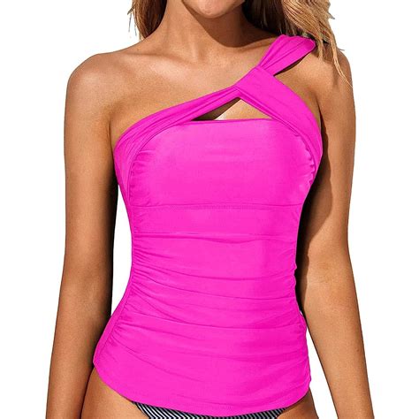 Women Hot Pink Tankini Top Swim Tops Ruched One Shoulder Bathing Suit