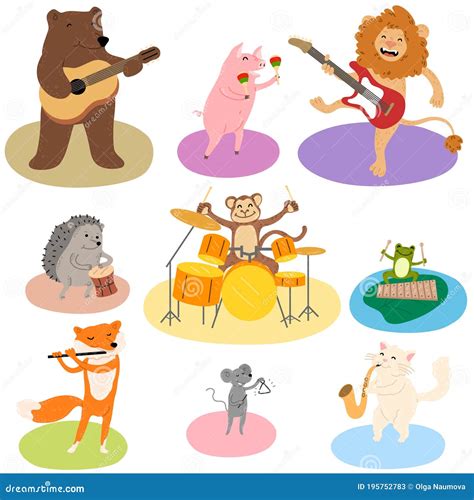 Set Of Different Funny Animals Playing Various Musical Instruments