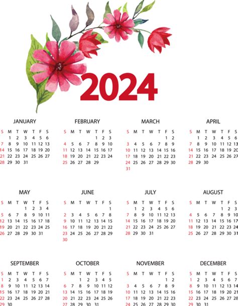 New Year Flower Calendar Font For Printable 2024 Calendar For New Year