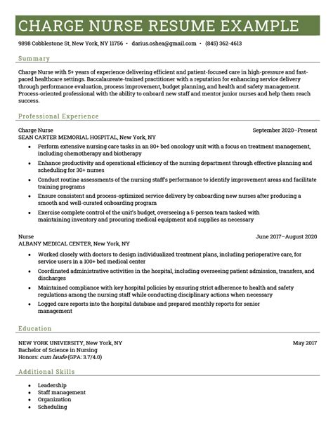 Charge Nurse Resume Example And Template Free Download