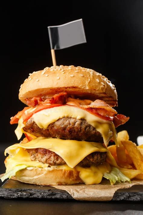 Double Cheeseburger And French Fries Stock Image Image Of Fries
