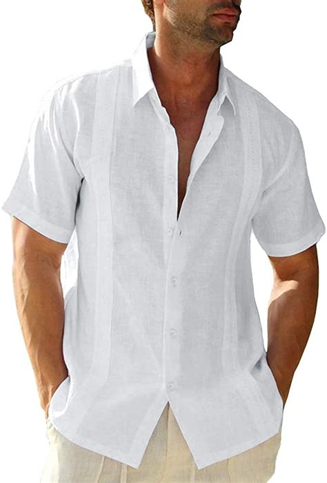 SMIFCAALOR Mens Short Sleeve Guayabera Shirt Linen Cotton Cuban Shirt