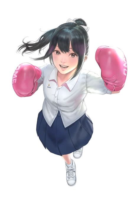safebooru 1girl black eyes black hair boxing gloves commentary request dress shirt from above