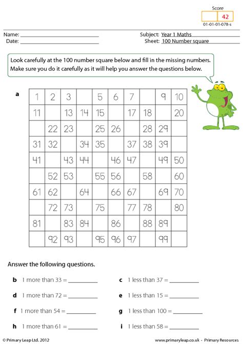 Missing Numbers 100 Number Square