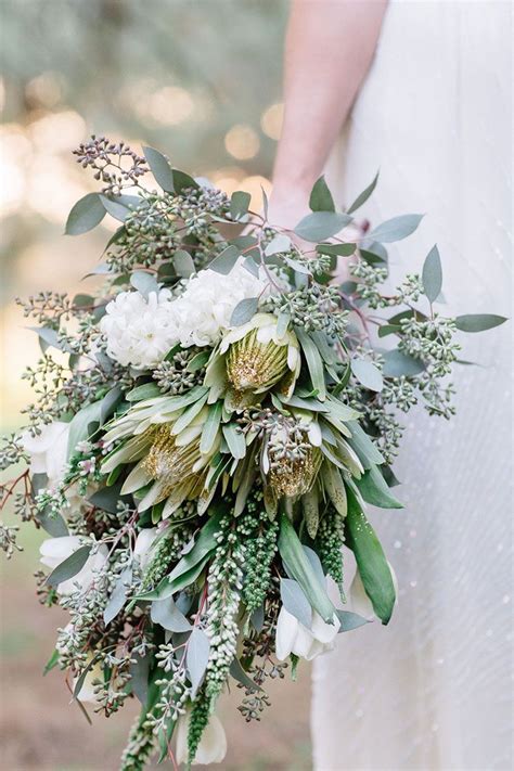 Australian Native White And Gold Sheath Wedding Bouquet With Eucalyptus Tulips And Hyacinths