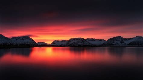 Beautiful Sunset Landscape Lake Red Sky Mountains Snow