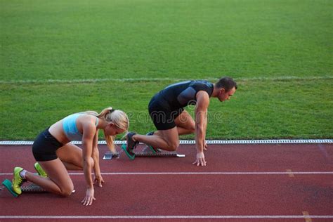 Athlete Woman Group Running On Athletics Race Track Stock Image Image