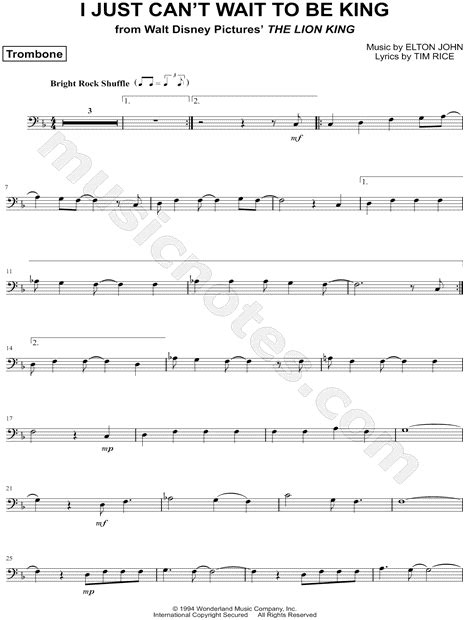 Song lyrics from theatre show/film are property & copyright of their owners, provided for educational purposes. "I Just Can't Wait To Be King - Trombone" from 'The Lion King' Sheet Music (Trombone Solo) in F ...