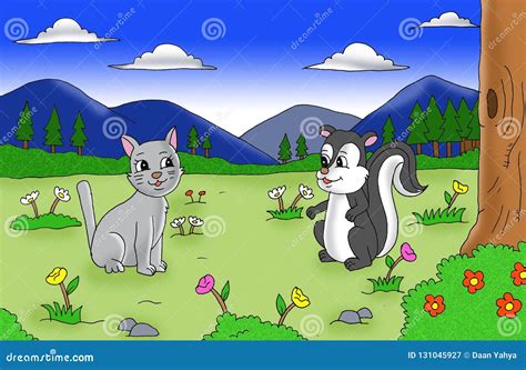 Cute Cat And Skunk In The Jungle Cartoon Stock Illustration