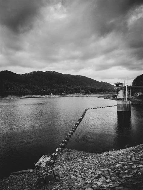 Beautiful Dam Landscape Photo In Dark Black And White Stock Photo
