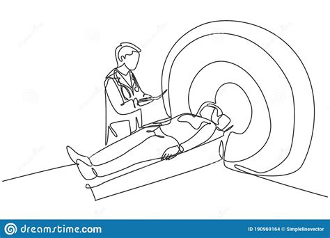 Single Continuous Line Drawing Of Young Male Doctor Do Mri Procedure To