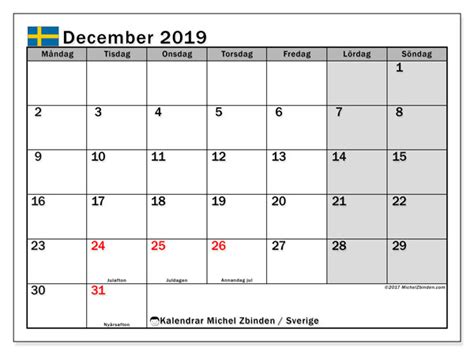 Helt år, en måne uke eller dag per side. Kalender december 2019, Sverige - Michel Zbinden SV