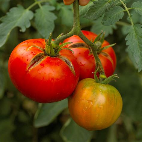 Three Tomatoes Hanging From A Vine With Green Leaves