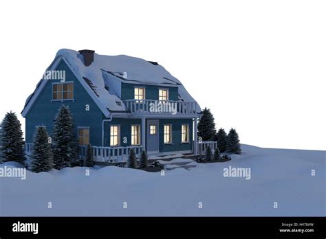 Illuminated Turquoise House Covered In Snow Stock Photo Alamy