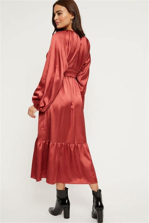 Dresses Dorothy Perkins Womens Satin Balloon Long Sleeve Midi Dress Rose ⋆ Movethecheese