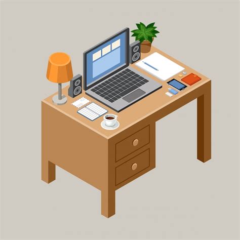 Premium Vector Flat Isometric Workspace Desk Office Laptop