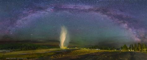 Yellowstone At Night Milky Way Arch Over Old Faithful