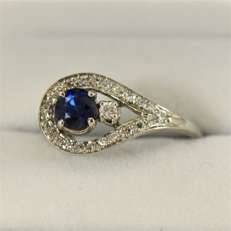 Mid Century Navy Blue Sapphire And Diamond Ring In White Gold
