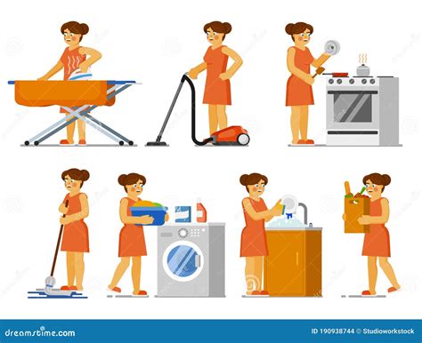 House Chores Set Housewife Doing House Work Stock Illustration