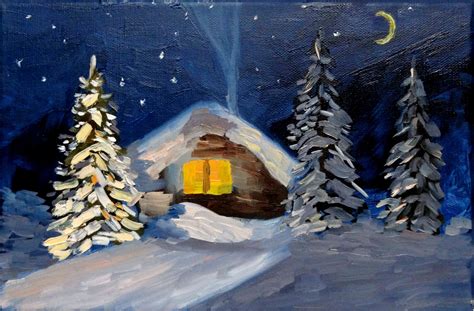 Winter Landscape Small Original Oil Painting Canvas Art Night Painting