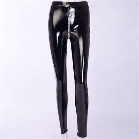 Skinny PU Leather Pants Female Metal Chain Faux Leather Pencil Trousers