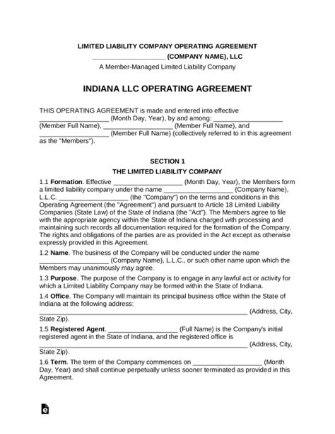 Free Indiana Llc Operating Agreements 2 Pdf Word Eforms