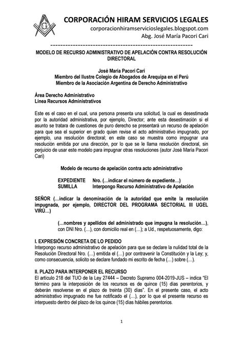 Modelo Recurso Administrativo ApelaciÓn Contra ResoluciÓn Directoral By