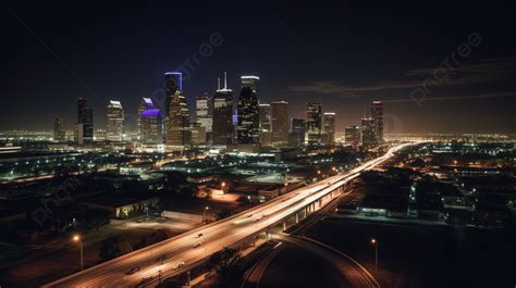 Large Picture Of The Houston Cityscape At Night With Highways And