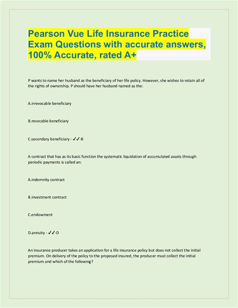 Pearson Vue Life Insurance Practice Exam Questions with accurate