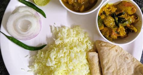 veg lunch thali with rice chhole mushroom masala and chapati recipe by richa vardhan cookpad