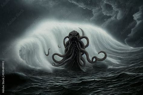 Kraken Or An Octopus Monster In The Middle Of The Dark Ocean With Black