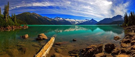 Lake British Columbia Canada Mountains Forest Clouds Turquoise