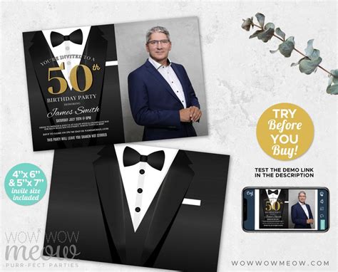 50th Birthday Invite Suit Party Photo Secret Tuxedo Black Tie Etsy