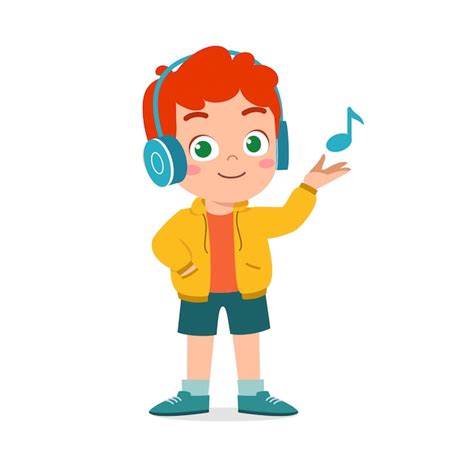 Happy Cute Boy Listen To Music Premium Vector