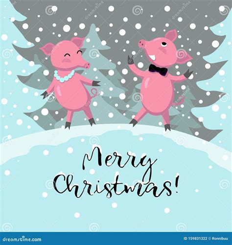 Cheerful Couple Pink Pigs Celebrate Christmas Walk Under Snow Vector