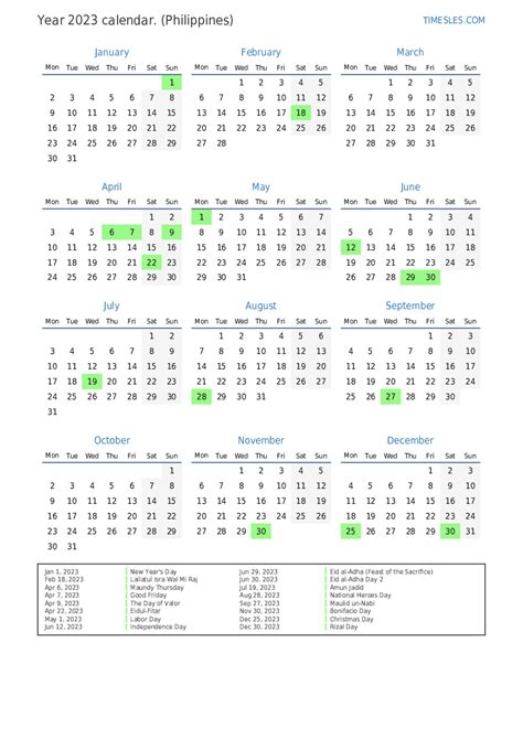 Calendar For 2023 With Holidays In Philippines Print And Download