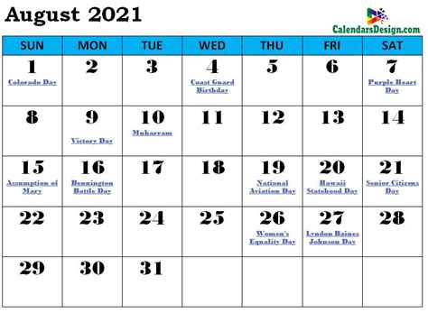 August 2021 Calendar With Holidays Us Uk Canada Germany Etc List