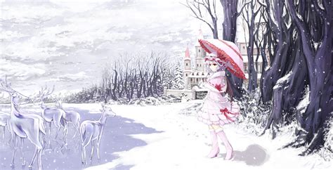 Female Anime Character Under Pink Umbrella Near Bare Tree Illustration