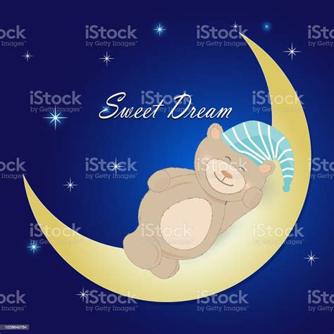 Teddy Bear Sleeping On The Moon On Night Sky Background Stock