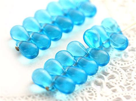 Aqua Blue Glass Beads Teardrops Czech Glass Blue Drops Sea Color Pressed Beads 6x9mm 20pc