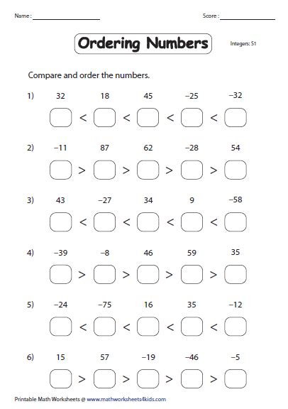 Comparing And Ordering Integers Worksheets