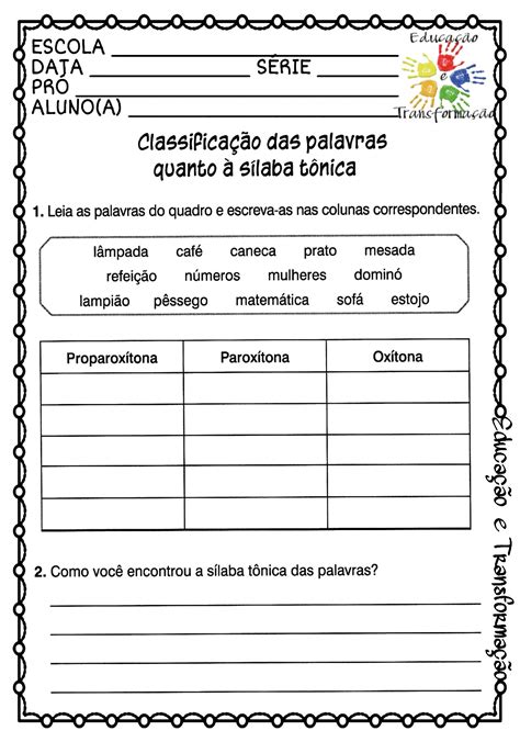 Atividade Separação De Sílabas 4 Ano